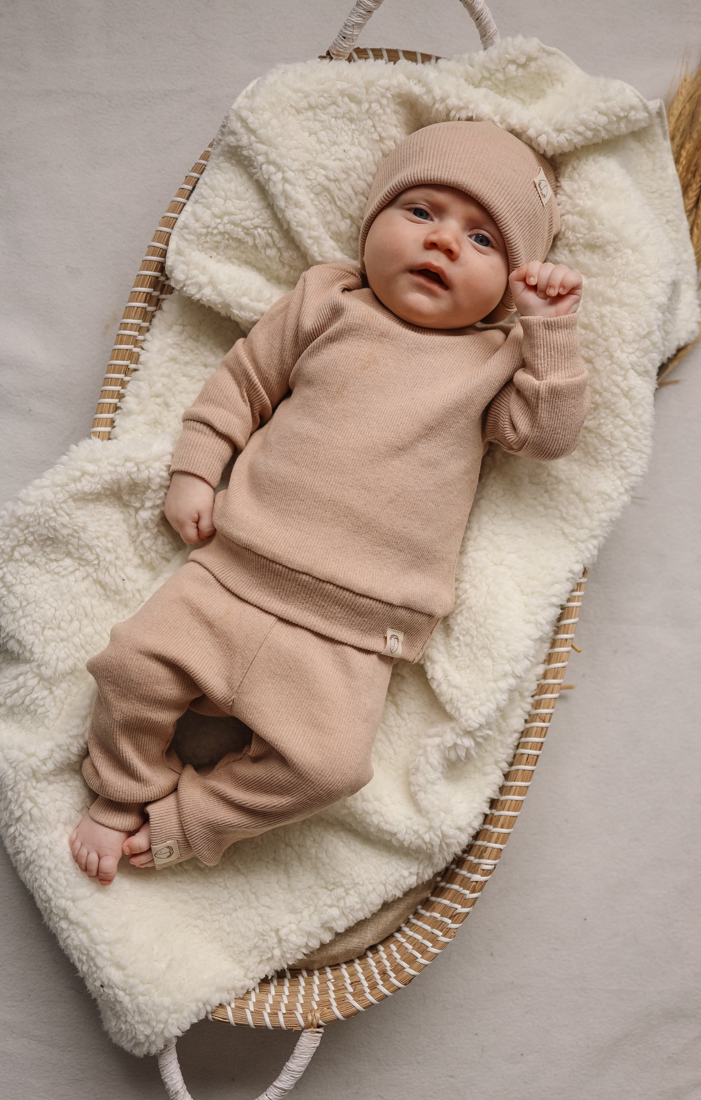Baby cotton top and pants set with accessory | Light brown | 3 piece