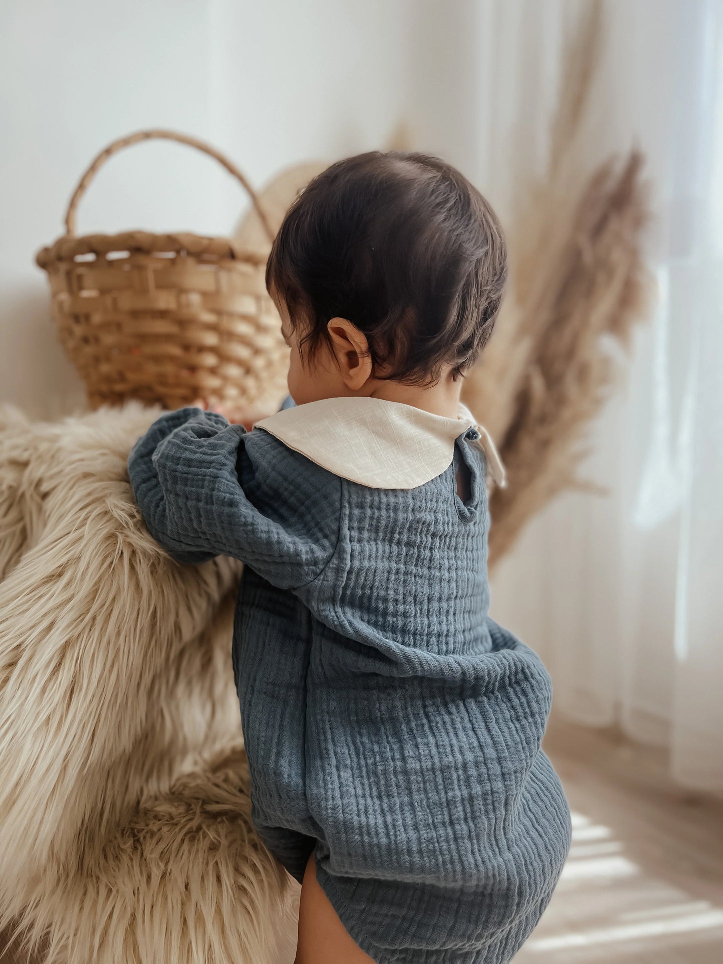 Lina muslin romper with collar - Sky