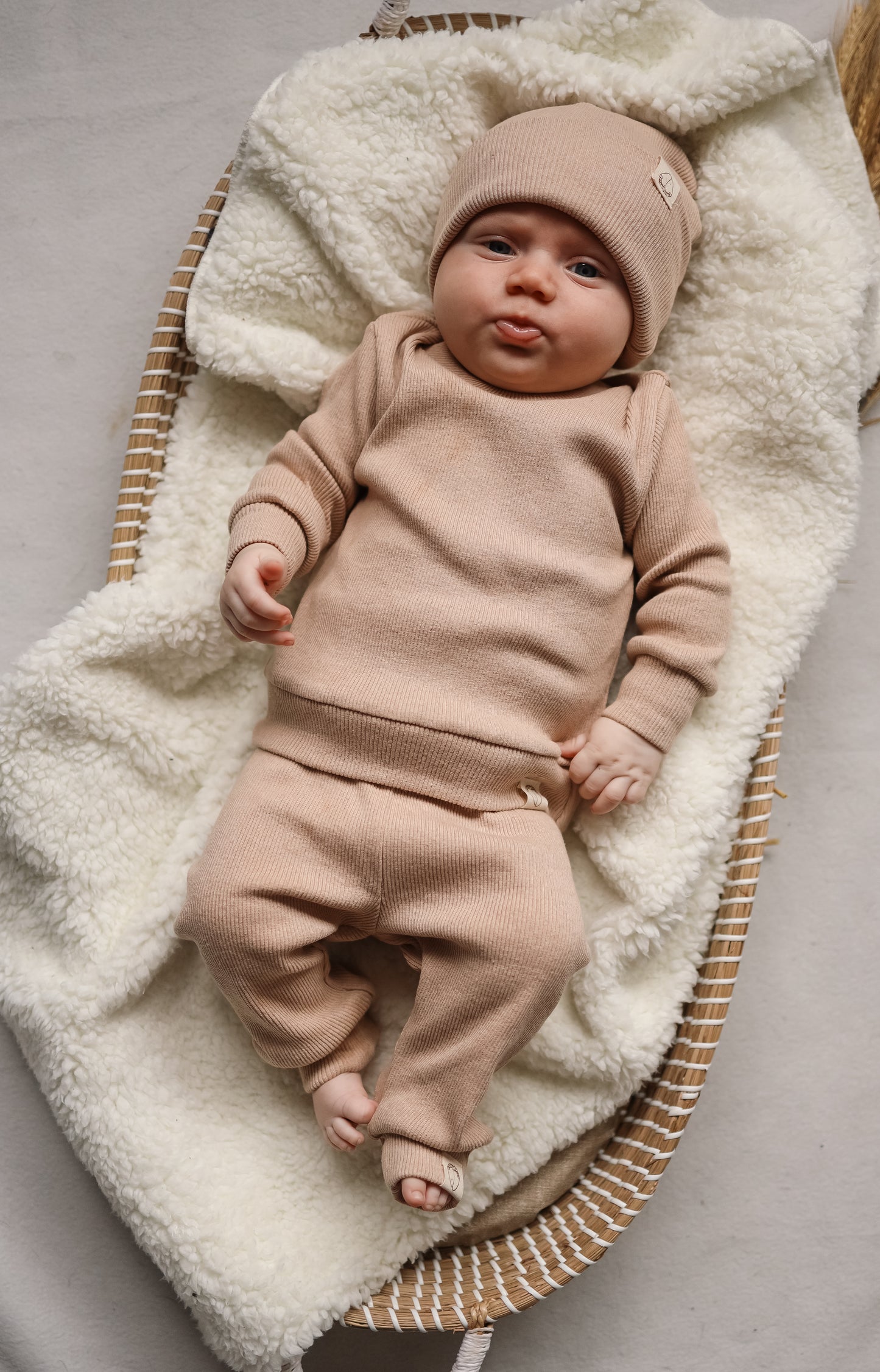 Baby cotton top and pants set with accessory | Light brown | 3 piece