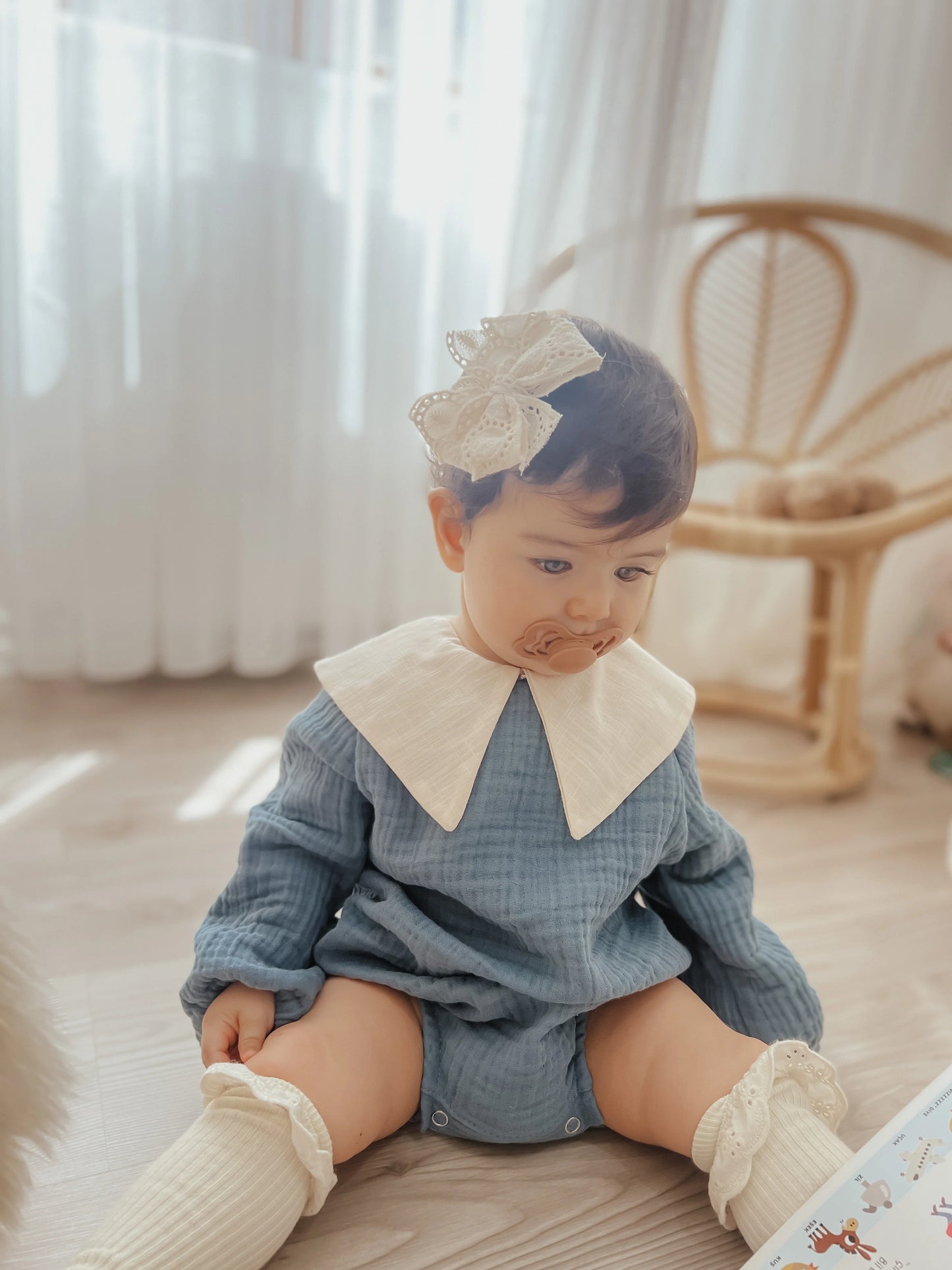 Lina muslin romper with collar - Sky