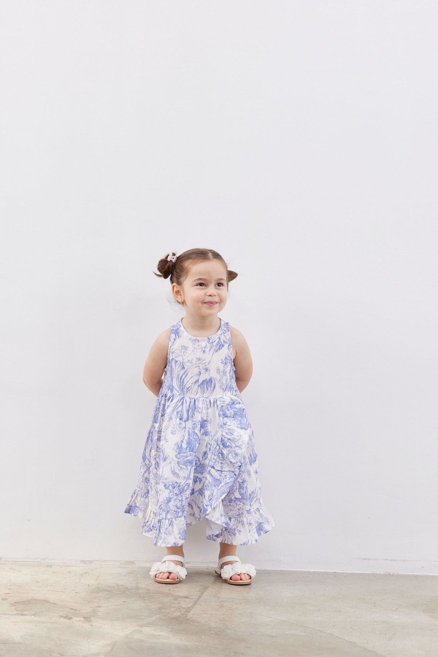 Girls White Blue Dress with Wrap Detail