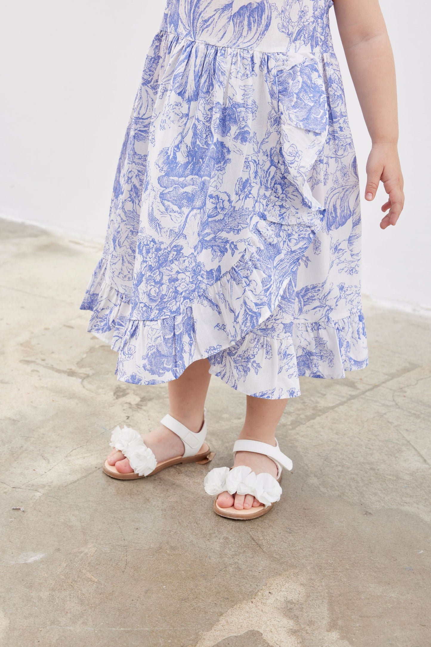 Girls White Blue Dress with Wrap Detail