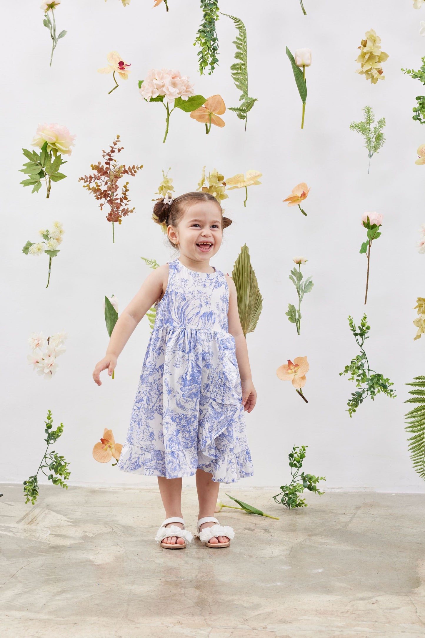 Girls White Blue Dress with Wrap Detail