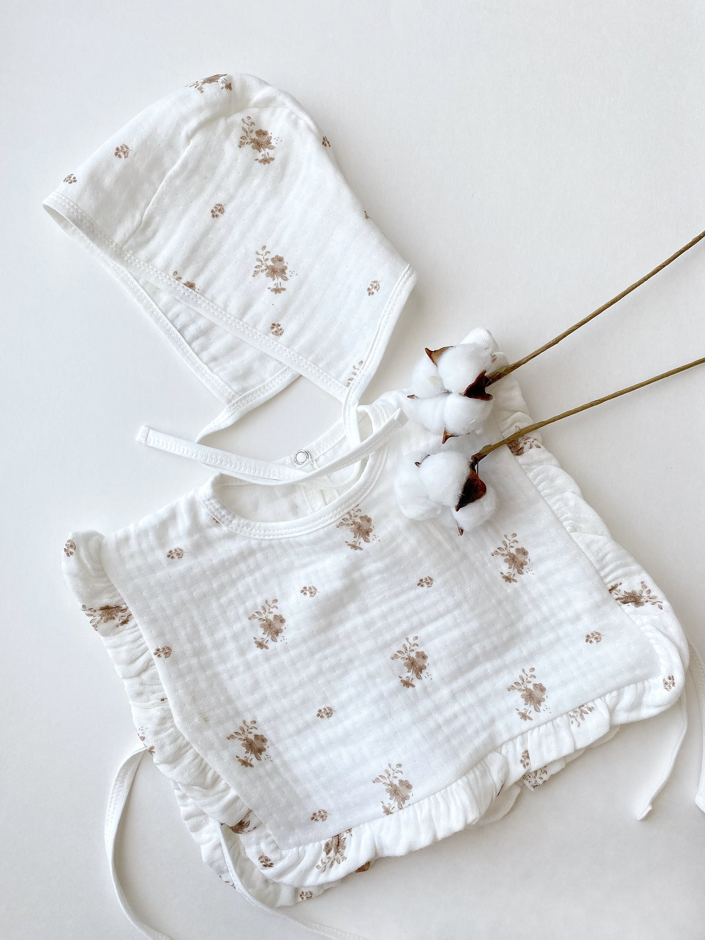 Baby Brown Floral Bib & Bonnet | Organic Muslin