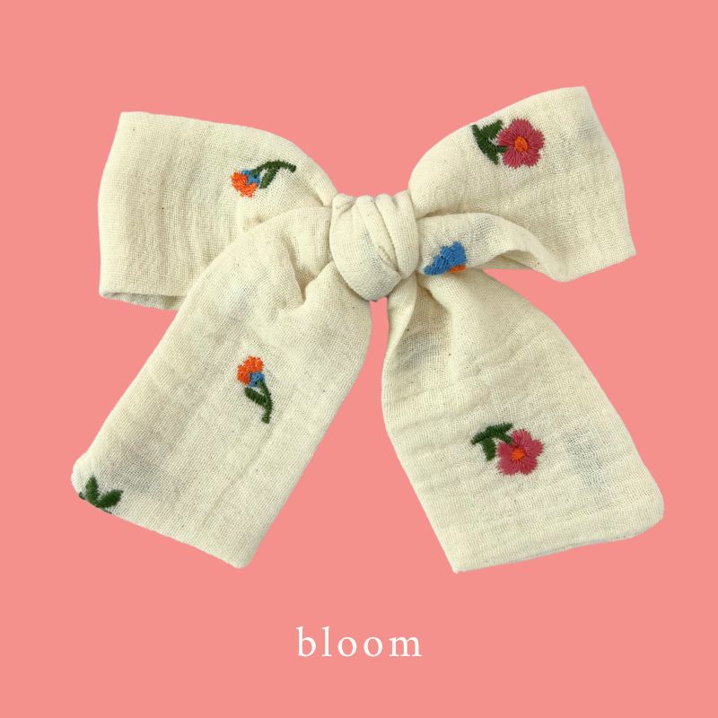 Girls hairpin bow with embroidered flowers large