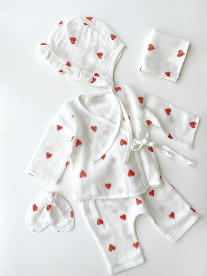 Rode hartjes | Organic Muslin Newborn set | 5-delig