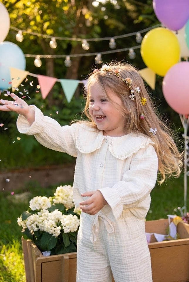 Meisjes - Crème tweedelige set van katoenen mousseline