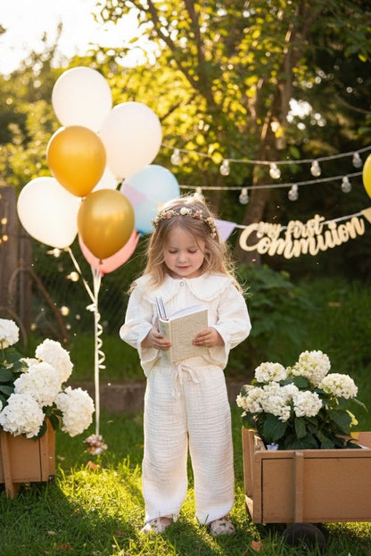 Meisjes - Crème tweedelige set van katoenen mousseline