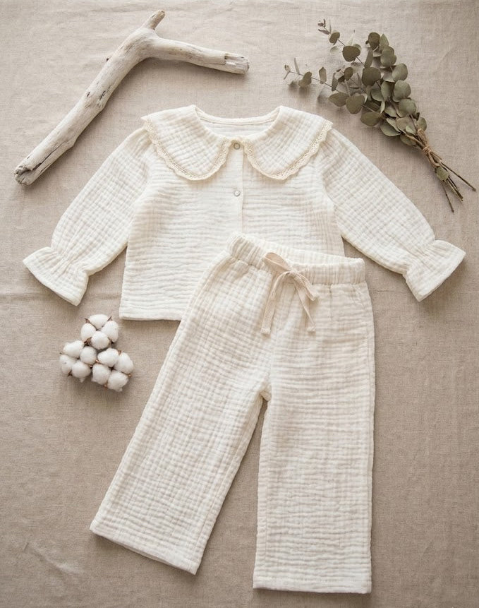 Meisjes - Crème tweedelige set van katoenen mousseline