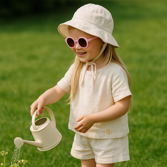 Neutrale ecru set | T-shirt en short van katoenen mousseline met zomerse hoed