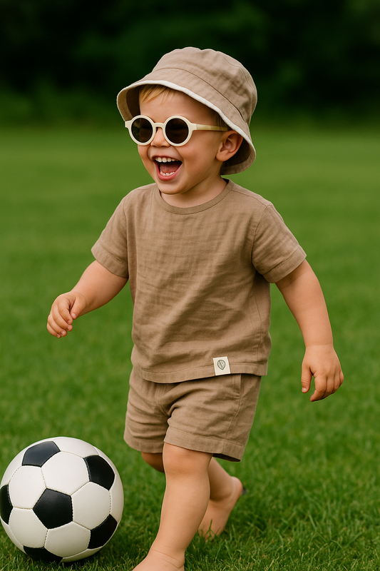 Neutrale bruine set | T-shirt en short van katoenen mousseline met zomerse hoed