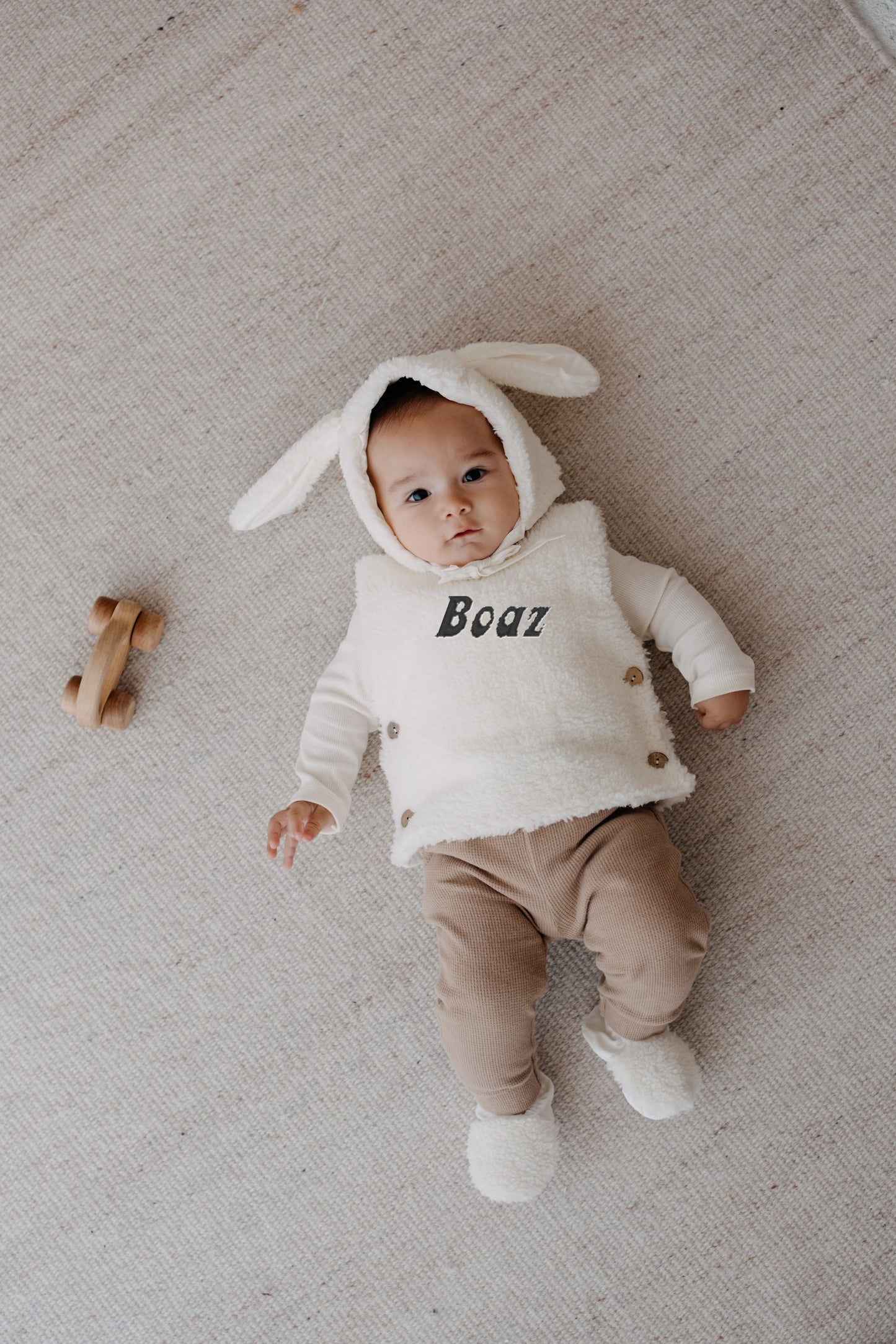 Teddy Baby vest with hat and anti-slip slippers | Ekru