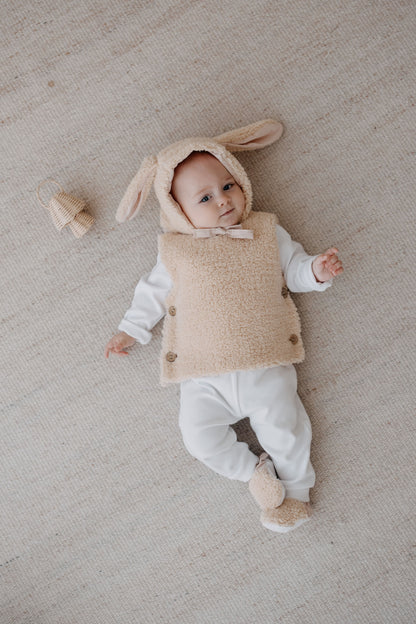 Teddy Baby gilet met muts en anti-slip slofjes | Beige