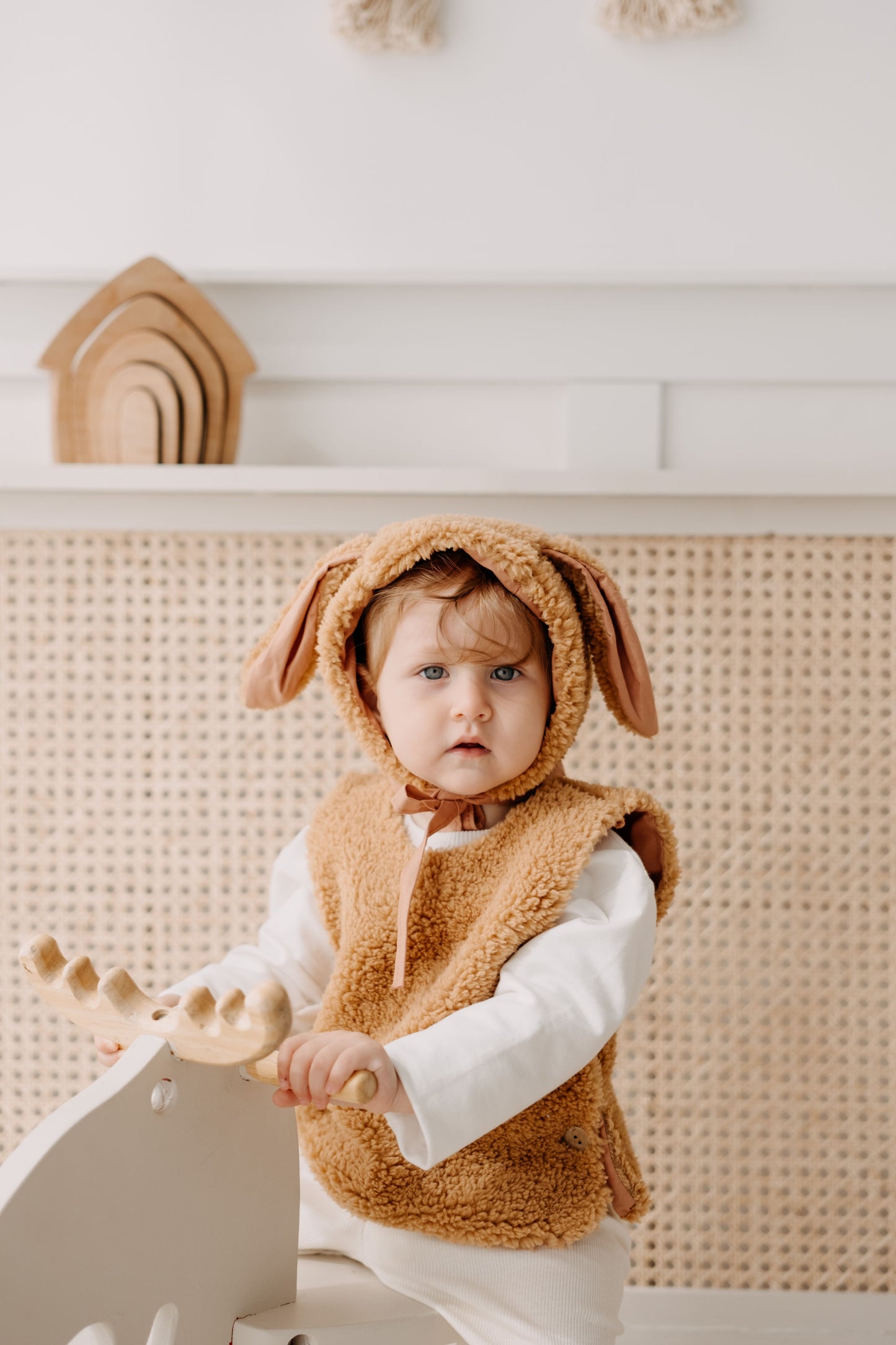 Teddy Baby gilet met muts en anti-slip slofjes | Camel